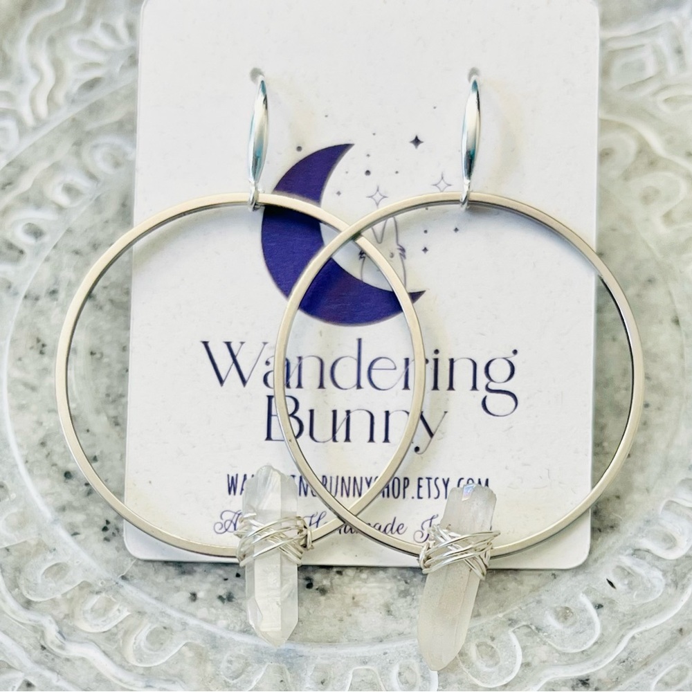 Sterling Silver Quartz Hoop Earrings Handmade by Wandering Bunny LLC